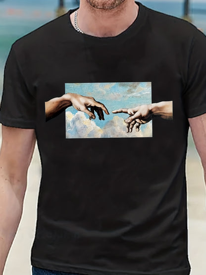 Mens Geometric Print Crew Neck T-Shirt - Soft Slight Stretch Polyester Fabric, Casual Short Sleeve Tee for Summer Spring Fall, Unique Applique Artwork, Machine Washable, Perfect Gift