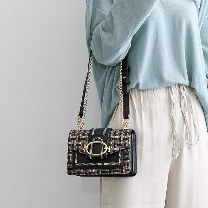 Mini Plaid Pattern Tweed Bag, Buckle Decor Shoulder Square Bag, Chain Crossbody Flap Purse For Everyday