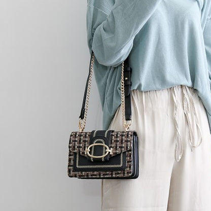 Mini Plaid Pattern Tweed Bag, Buckle Decor Shoulder Square Bag, Chain Crossbody Flap Purse For Everyday