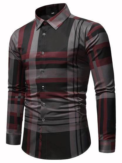 Non-Positional Cut Men's Casual Business Shirt with Plaid Print