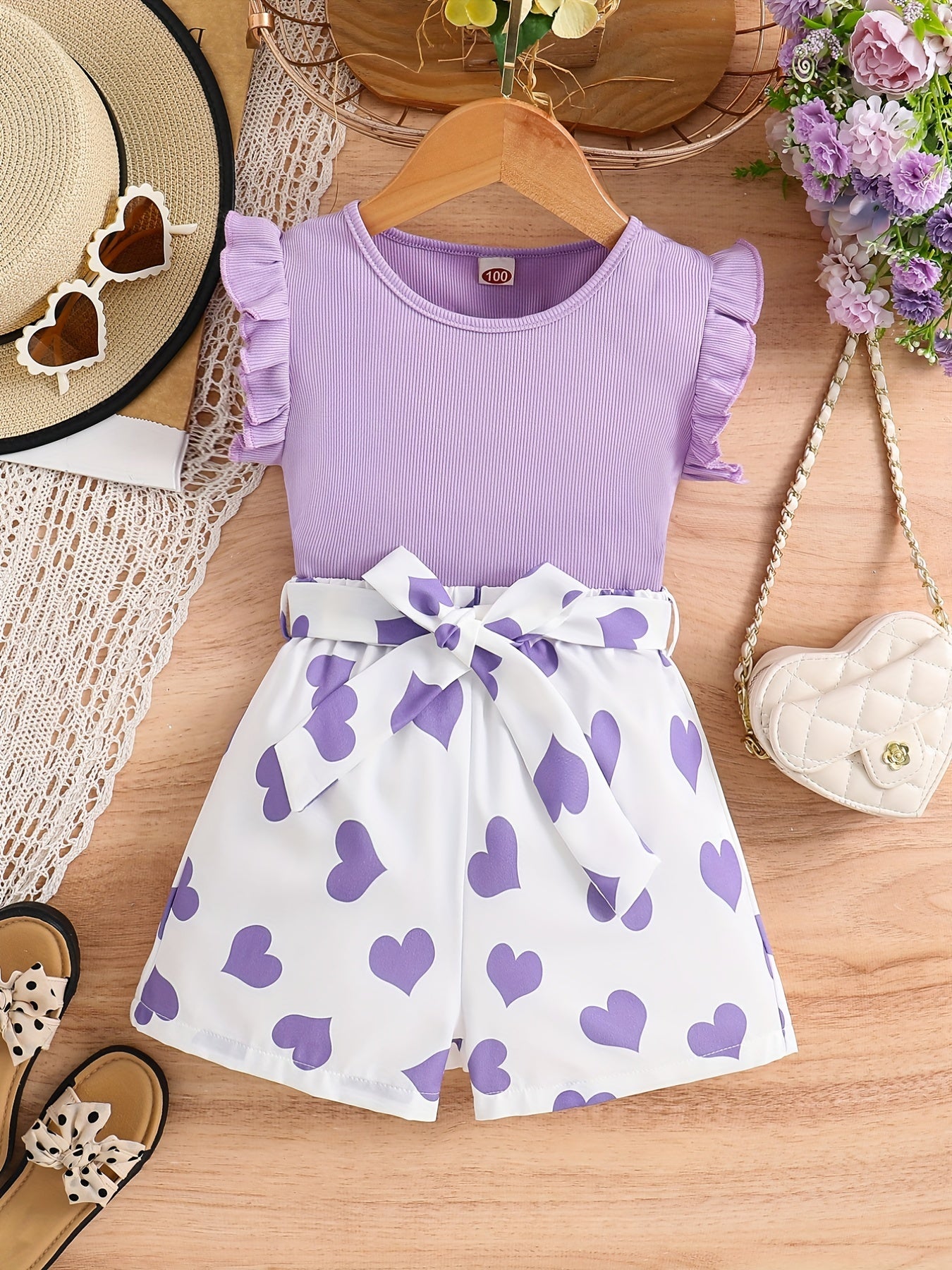 Girls Ruffle Trim Round Neck Top & Heart Graphic Belted Shorts Set Kids Summer Clothes