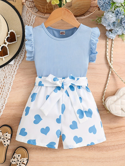Girls Ruffle Trim Round Neck Top & Heart Graphic Belted Shorts Set Kids Summer Clothes