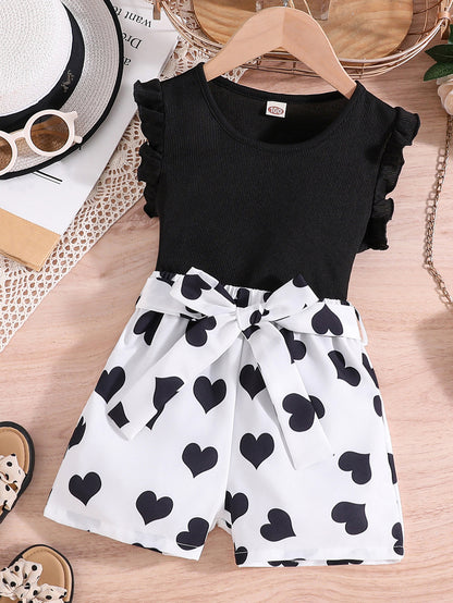 Girls Ruffle Trim Round Neck Top & Heart Graphic Belted Shorts Set Kids Summer Clothes