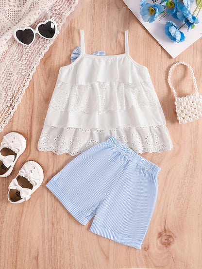 2pcs Lace Camisole Top and Elastic Waist Striped Shorts Girls Outdoor Set