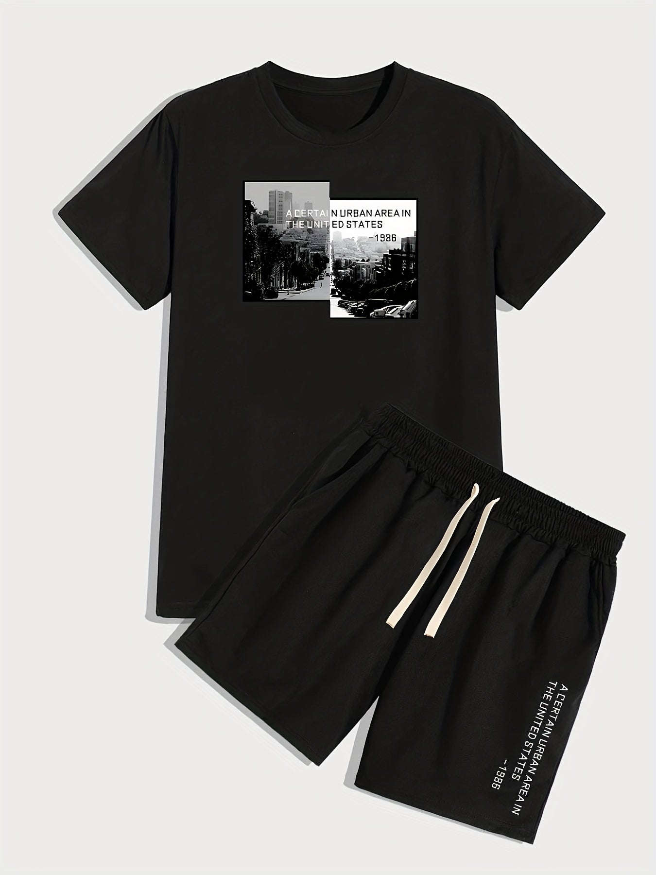 Urban Area, Men's 2pcs, Short Sleeve Round Neck T-Shirt And Drawstring Shorts Set