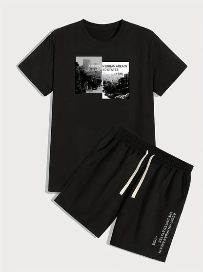 Urban Area, Men's 2pcs, Short Sleeve Round Neck T-Shirt And Drawstring Shorts Set