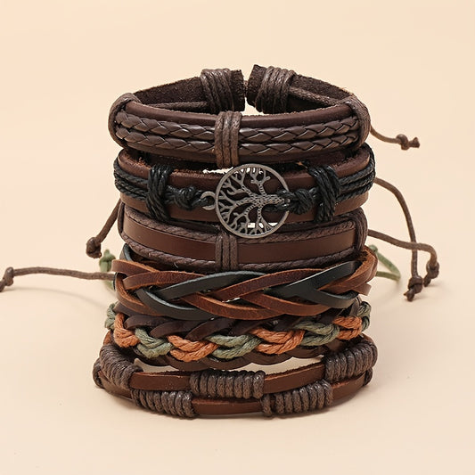 6pcs Retro Funky Men'S Alloy Combination Life Tree Faux Leather Braided Bracelet - Antique Golden Plated, Pendant Material: Alloy, Brand: HUANMING
