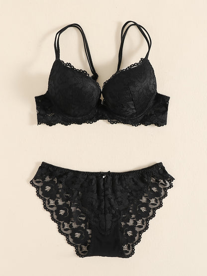 Romantic Lace Embroidery Lingerie Set - Soft & Breathable Push-Up Bra with Sheer Panty - Perfect Seductive Valentines Gift for Her - Womens Comfortable Intimate Wear