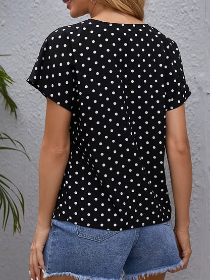 Women's Casual Fashion V-Neck Blouses - Polka Dot Print Short Sleeve Loose Fit Tops
