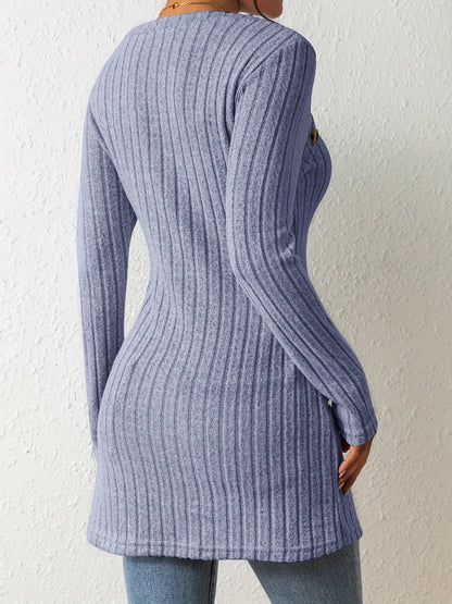 Button Decor Asymmetrical Hem T-Shirt, Casual Ribbed Long Sleeve Top For Spring & Fall, Women's Clothing