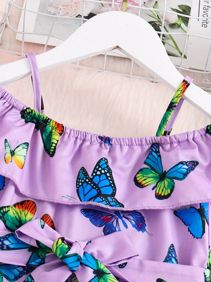 Trendy Girls' Butterfly Romper with Ruffles and Belt - Perfect for Summer!