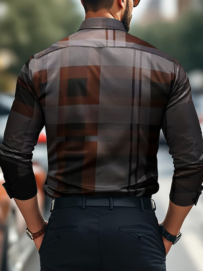 Non-Positional Cut Men's Casual Business Shirt with Plaid Print