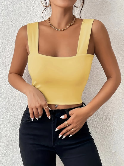 Stretchy Women's Crop Tank Top - Casual Everyday Essential - Soft, Breathable, Sleeveless, Solid Color, Comfortable, Relaxed Fit, Women's Clothing
