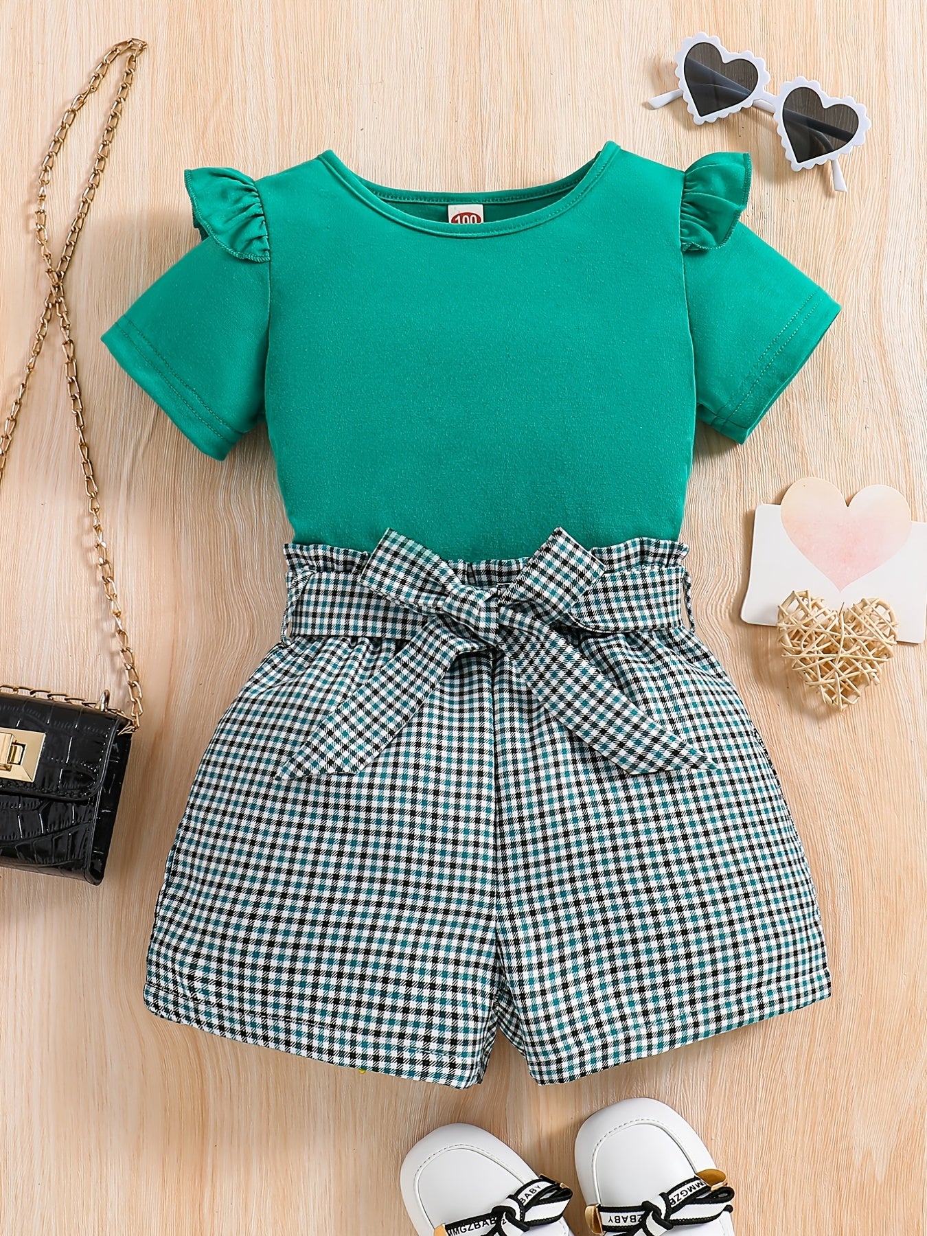 2pcs Girls Round Neck T-Shirt Ruffles Short Sleeves Tee Tops & Belted Plaid Shorts Set Summer Clothes