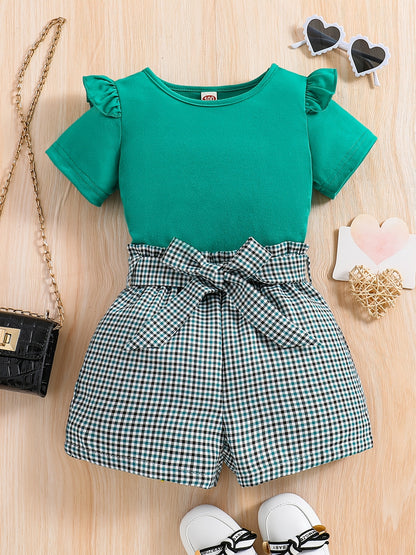 2pcs Girls Round Neck T-Shirt Ruffles Short Sleeves Tee Tops & Belted Plaid Shorts Set Summer Clothes