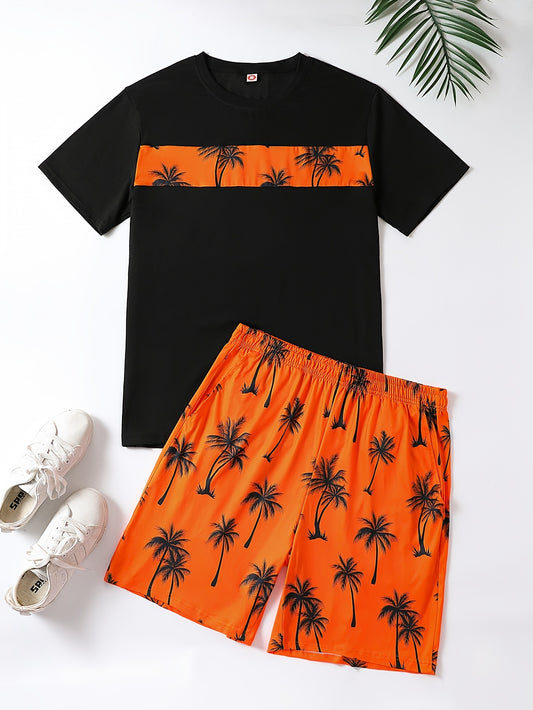 2Pcs Men's Palm Trees Print Casual Crew Neck Short Sleeve T-shirt And Drawstring Sweatpants Joggers Set For Summer