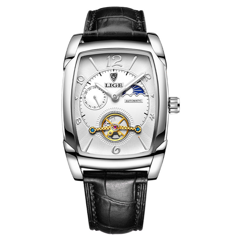 LIGE 2023 Vintage-Inspired Mechanical Men's Watch – Waterproof, Rectangular Leather Timepiece, Perfect Gift