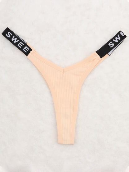 thong panties - Letter Print Tape Thong Panties - Comfort & Breathable Ribbed - Unleash Your Inner Confidence