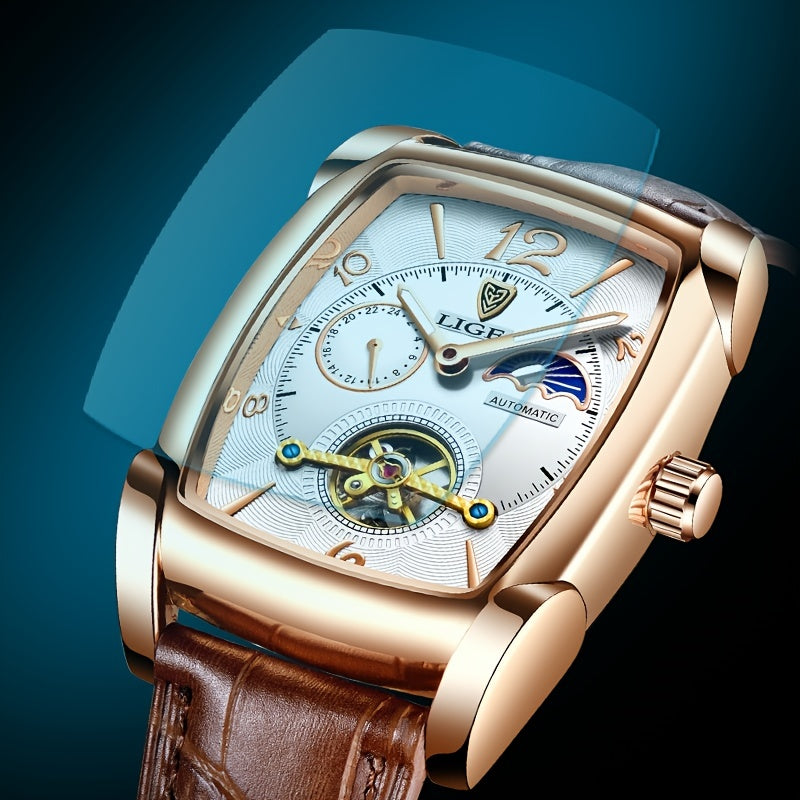 LIGE 2023 Vintage-Inspired Mechanical Men's Watch – Waterproof, Rectangular Leather Timepiece, Perfect Gift