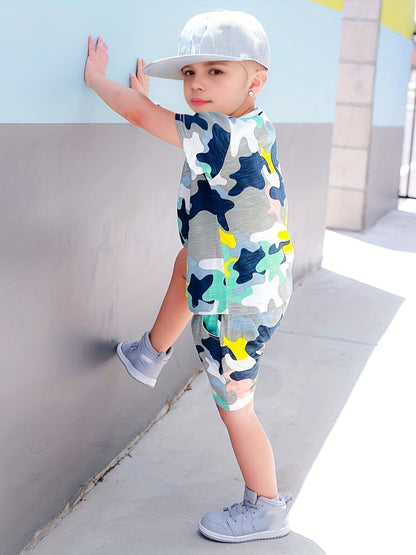 Boys Fashionable Camouflage Two-piece Set - Lightweight T-shirt & Shorts for Summer Playtime - Trendy & Comfortable Everyday Wear