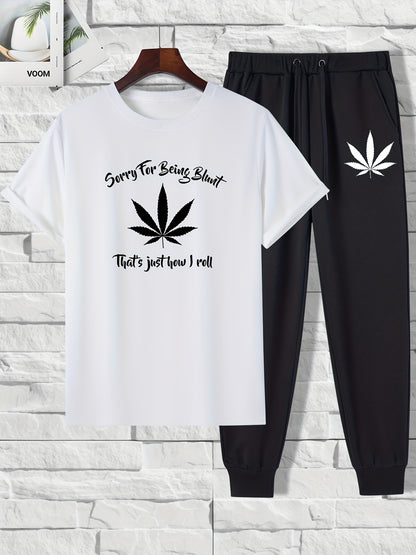 2 pieces Leaf Print Men's 2-Piece Set: Short Sleeve T-Shirt & Drawstring Trousers