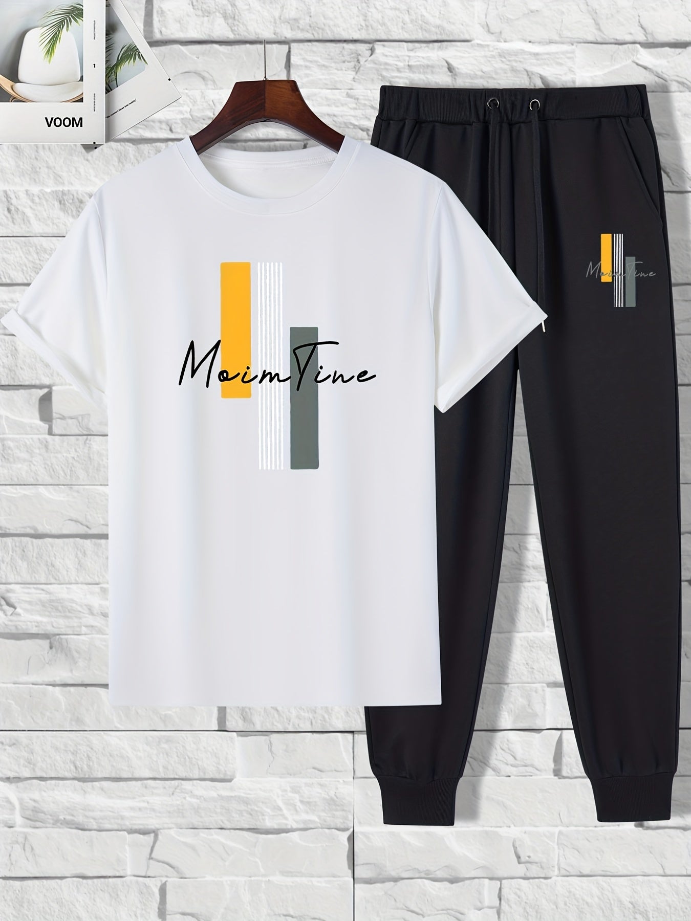 Color Blocks Print, Men's 2 Pieces Outfits, Short Sleeve T-Shirt And Drawstring Trousers Set
