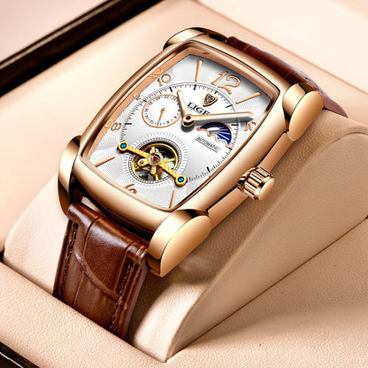 LIGE 2023 Vintage-Inspired Mechanical Men's Watch – Waterproof, Rectangular Leather Timepiece, Perfect Gift