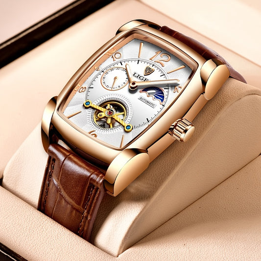 LIGE 2023 Vintage-Inspired Mechanical Men's Watch – Waterproof, Rectangular Leather Timepiece, Perfect Gift