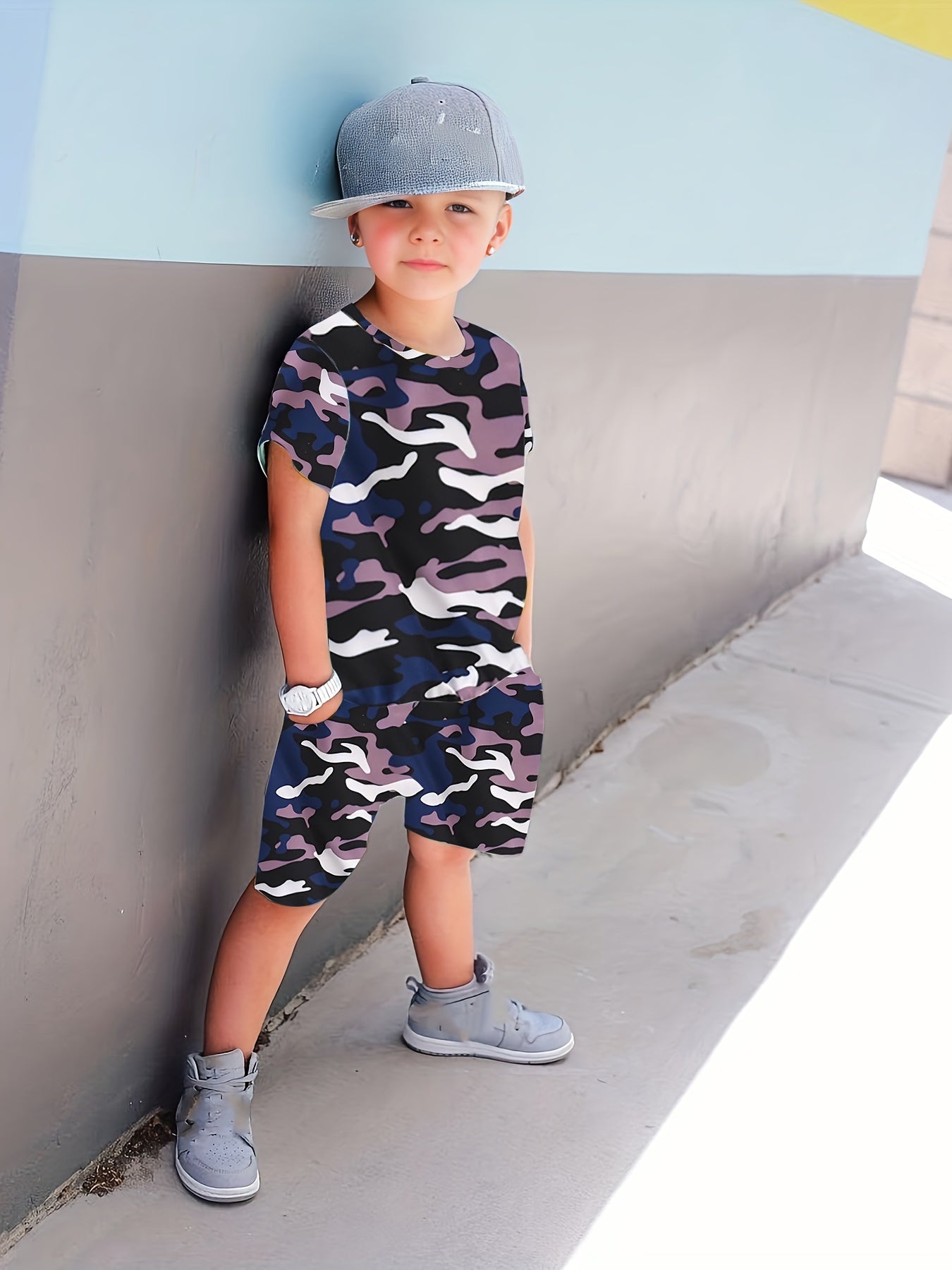 Boys Fashionable Camouflage Two-piece Set - Lightweight T-shirt & Shorts for Summer Playtime - Trendy & Comfortable Everyday Wear