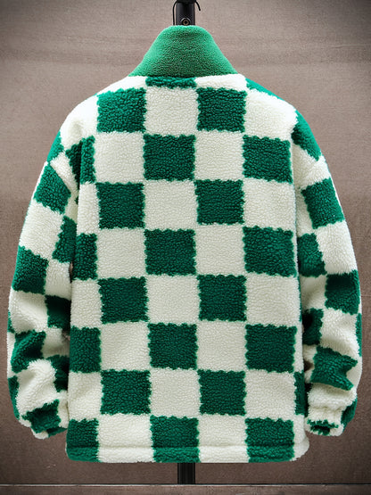 [Plush Winter Coat] Blue & White Plush Checkered Winter Coat | Men's Loose Fit, Stand Collar, Zip-Up Jacket with Drawstring Hood, Casual Style for Fall/Winter