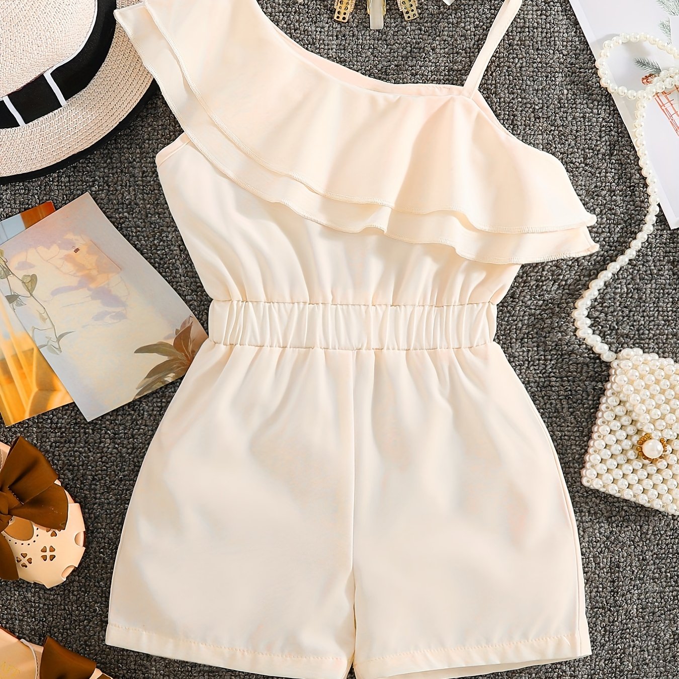 Adorable Girls' White One-Shoulder Romper Jumpsuit - Ruffled, Sleeveless, Summer Outfit for Kids - Breathable, Soft, Comfortable Clothing for Little Princesses