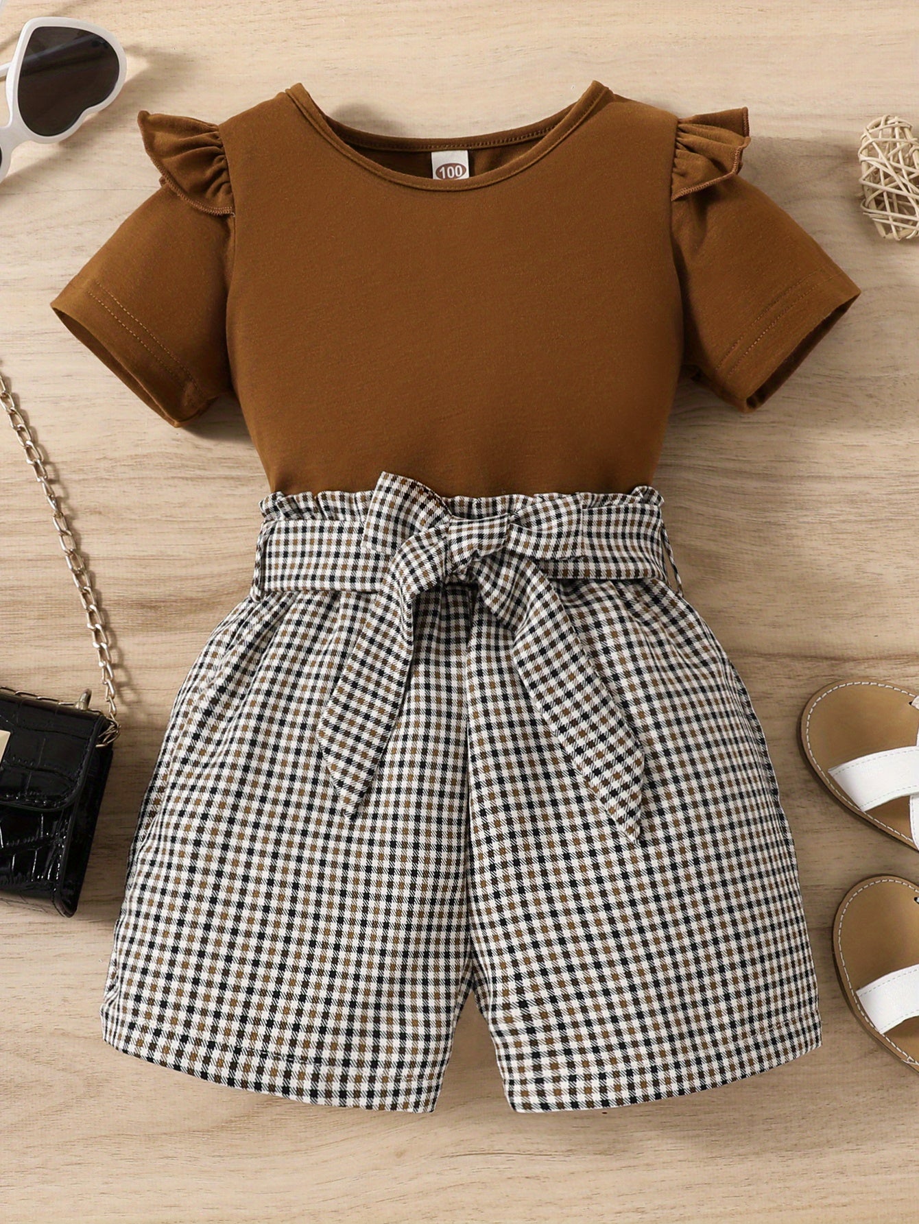 2pcs Girls Round Neck T-Shirt Ruffles Short Sleeves Tee Tops & Belted Plaid Shorts Set Summer Clothes