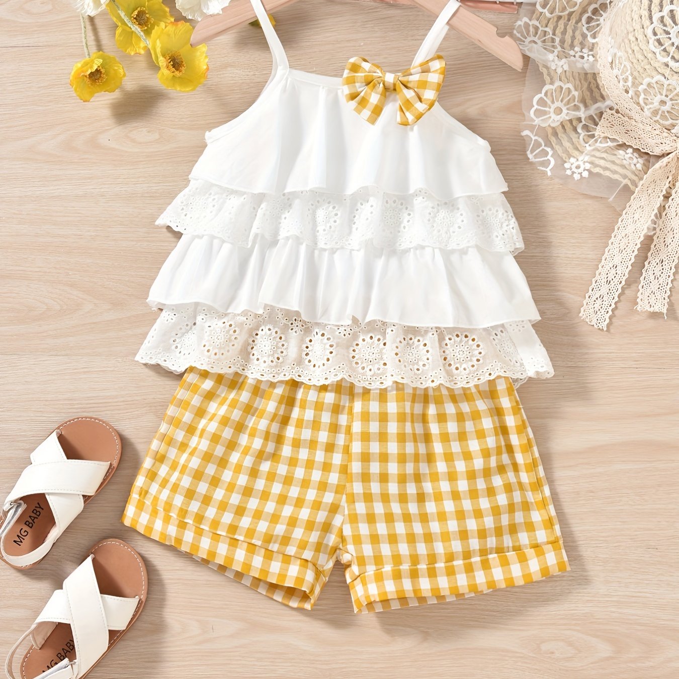 2pcs Ruffles Cami Top & Elastic Waist Plaid Shorts Set - Girls Summer Clothes with Flower Hollow Bow