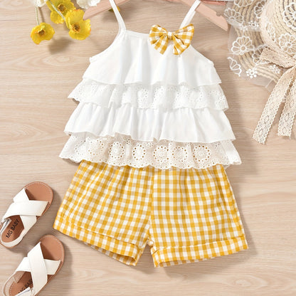 2pcs Ruffles Cami Top & Elastic Waist Plaid Shorts Set - Girls Summer Clothes with Flower Hollow Bow