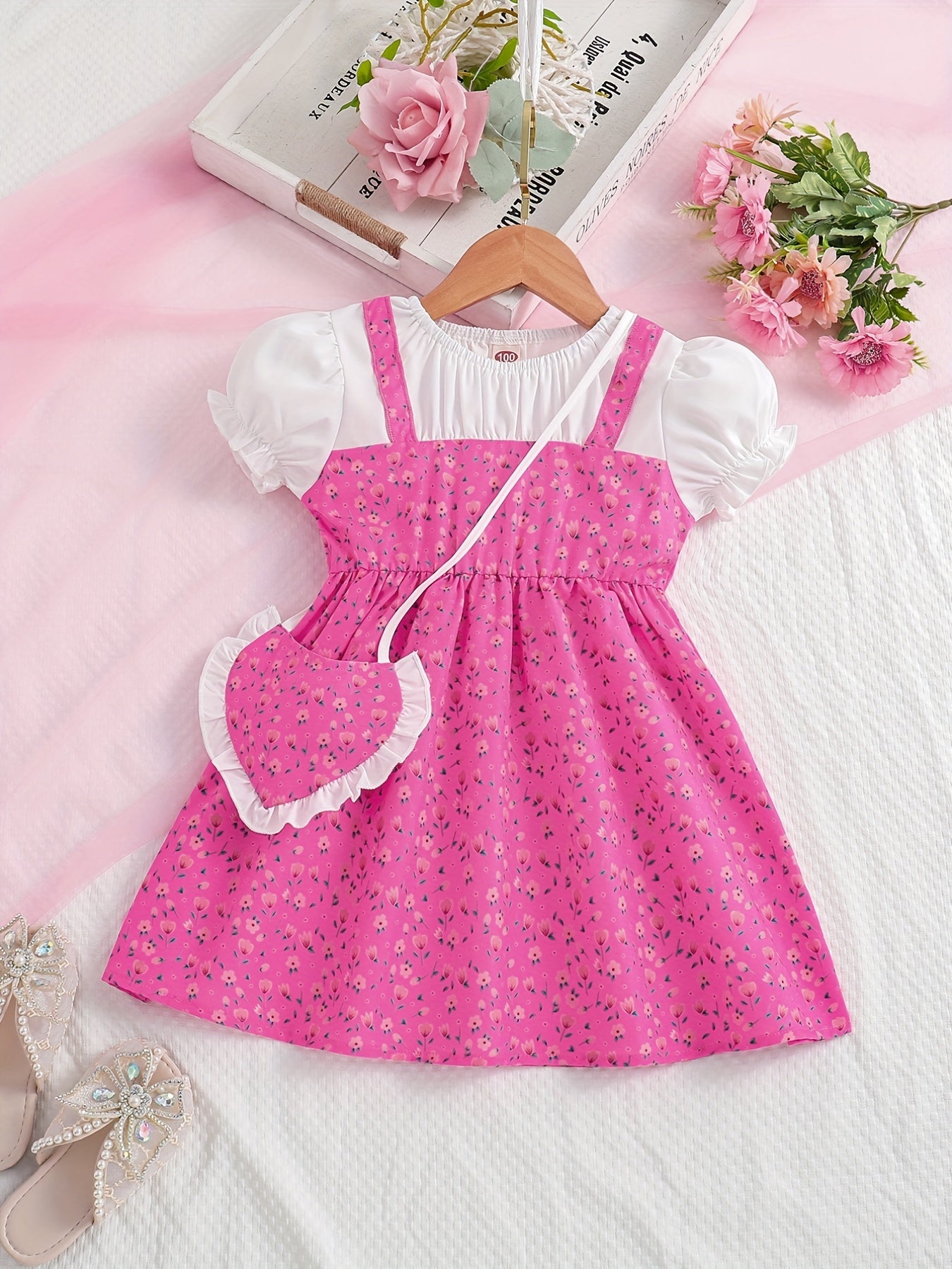 Toddler/ Kid Girls Cute Floral Dress Suit - Short Sleeve Patchwork A-line Dress + Pretty Heart Shaped Bag Set Kids Summer Clothes