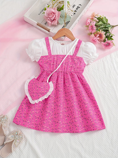 Toddler/ Kid Girls Cute Floral Dress Suit - Short Sleeve Patchwork A-line Dress + Pretty Heart Shaped Bag Set Kids Summer Clothes