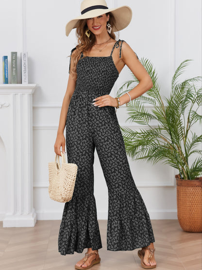 Bohemian Chic Ditsy Floral Print Jumpsuit - Lightweight & Breathable Sleeveless Spaghetti Strap Vacation Wear - Flared Leg Womens Casual Fashion