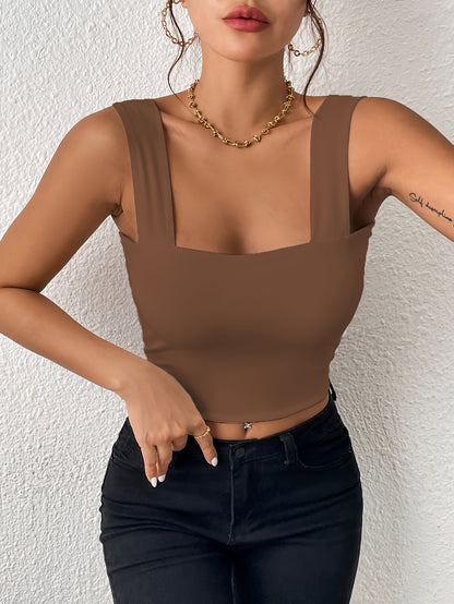 Stretchy Women's Crop Tank Top - Casual Everyday Essential - Soft, Breathable, Sleeveless, Solid Color, Comfortable, Relaxed Fit, Women's Clothing