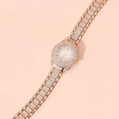 2pcs Women Watches Bracelet Golden Tone Alloy Quartz Watch Stylish Rhinestone Bling Dress Watch Wristwatches, For Xmas