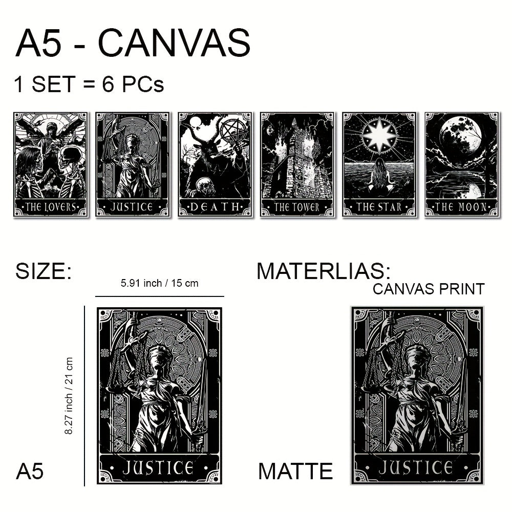 6pcs/set Black White Tarot Posters Wall Art, Living Room Bedroom Modern Wall Painting No Frame