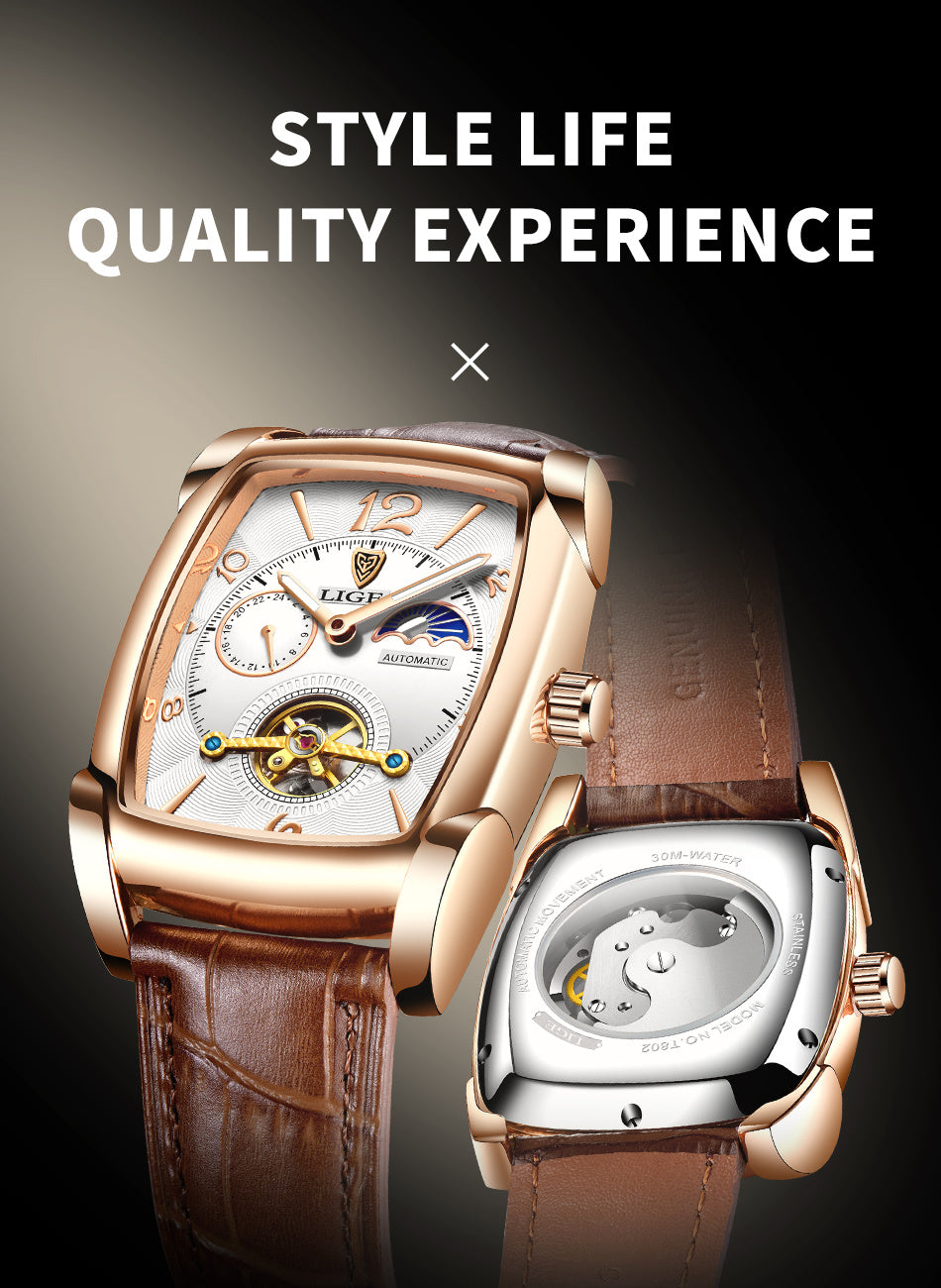 LIGE 2023 Vintage-Inspired Mechanical Men's Watch – Waterproof, Rectangular Leather Timepiece, Perfect Gift