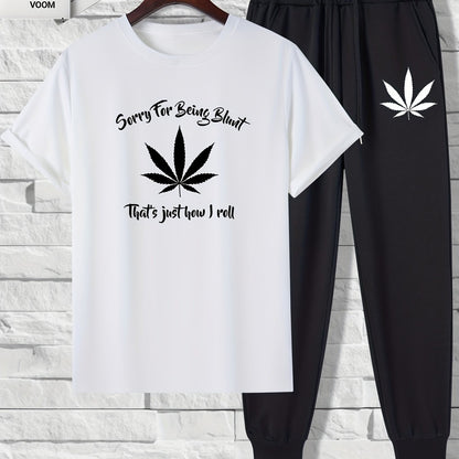 2 pieces Leaf Print Men's 2-Piece Set: Short Sleeve T-Shirt & Drawstring Trousers
