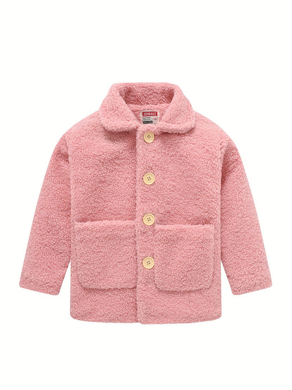 Girls' Cozy Fleece Jacket - Two-Tone Color Block with Plush Lining, Long Sleeves & Button Front, Casual Korean Style Winter Outerwear for Youngsters, Youngsters'S Winter Jacket | Buttonup Front Jacket | Plush Lining Jacket
