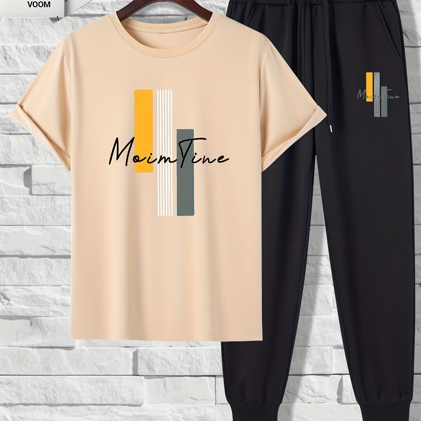 Color Blocks Print, Men's 2 Pieces Outfits, Short Sleeve T-Shirt And Drawstring Trousers Set