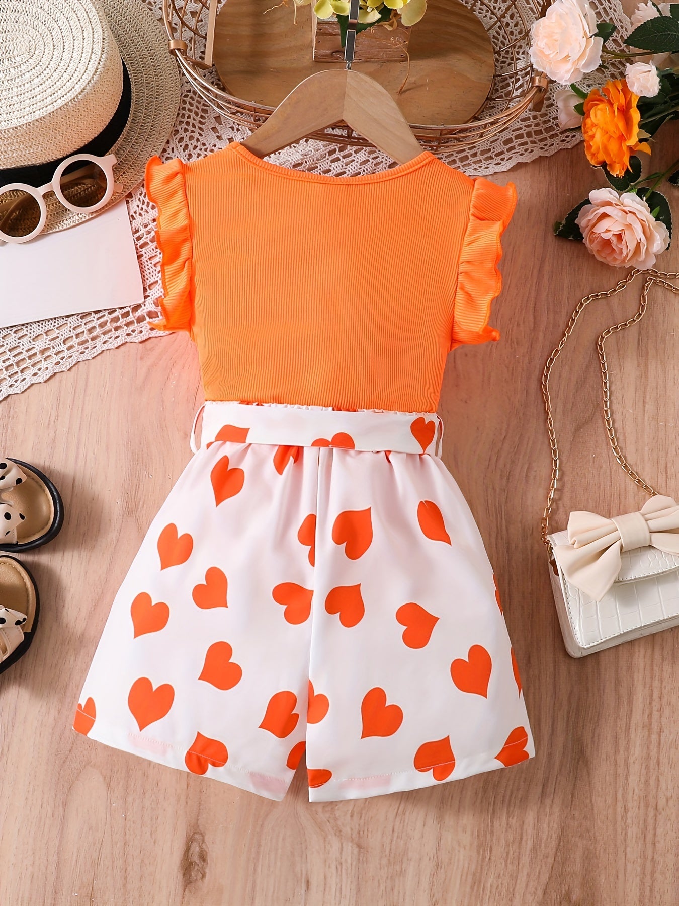Girls Ruffle Trim Round Neck Top & Heart Graphic Belted Shorts Set Kids Summer Clothes