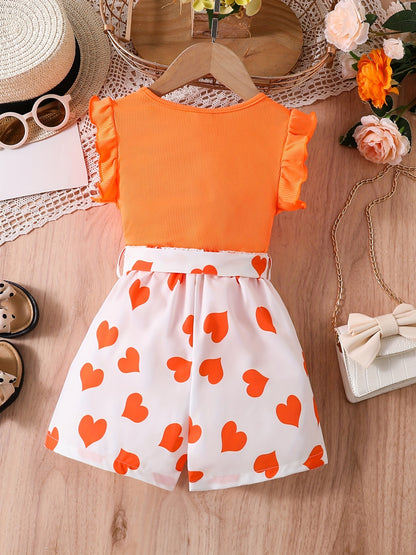Girls Ruffle Trim Round Neck Top & Heart Graphic Belted Shorts Set Kids Summer Clothes