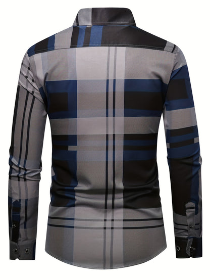 Non-Positional Cut Men's Casual Business Shirt with Plaid Print