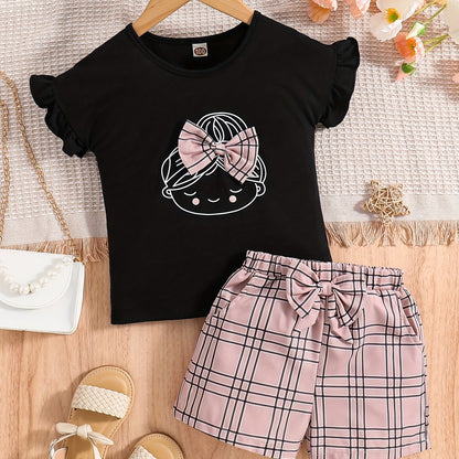 2pcs Girls Figure Graphic T-Shirts Round Neck Ruffle Sleeve Tees Top & Elastic Waist Bow Plaid Shorts Set Kids Summer Clothes
