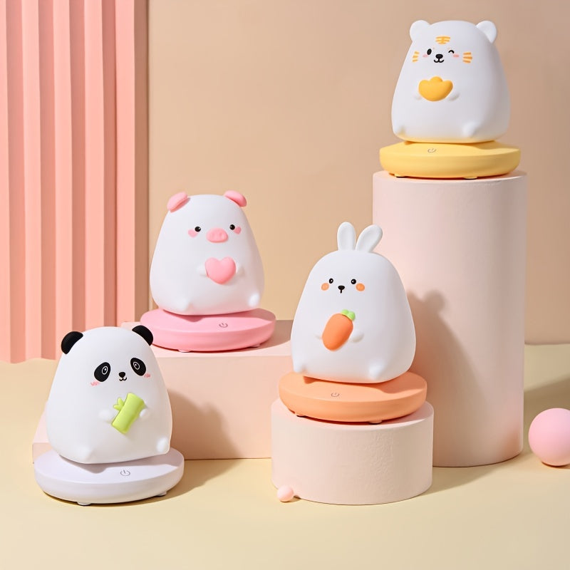 1piece Cute Piggy Tiger Rabbit Panda Shape Usb Silicone Children Sleep Night Light Rechargeable Bedroom Bedside Atmosphere Light Gift for Student Boys and Girls