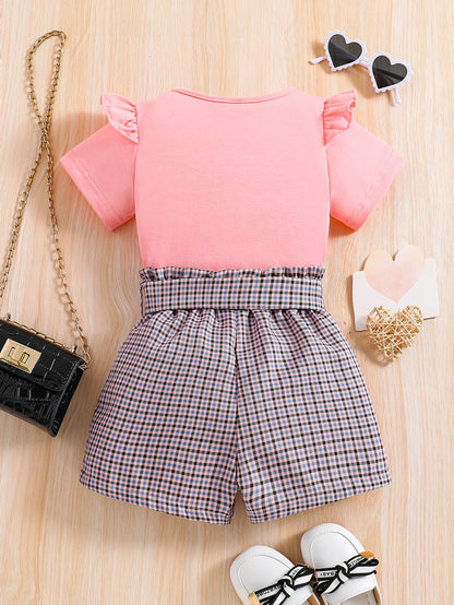 2pcs Girls Round Neck T-Shirt Ruffles Short Sleeves Tee Tops & Belted Plaid Shorts Set Summer Clothes